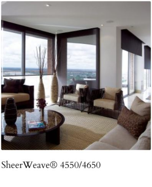 Phifer Sheerweave 4550 and 4650. Using thin polyester yarns and a unique twill weave, style 4550 and 4650 are easy to fabricate and offer a distinct two-sided appearance that maximizes both visibility and solar reduction. Styles 4550/4650 can also be used in exterior roller shades. 